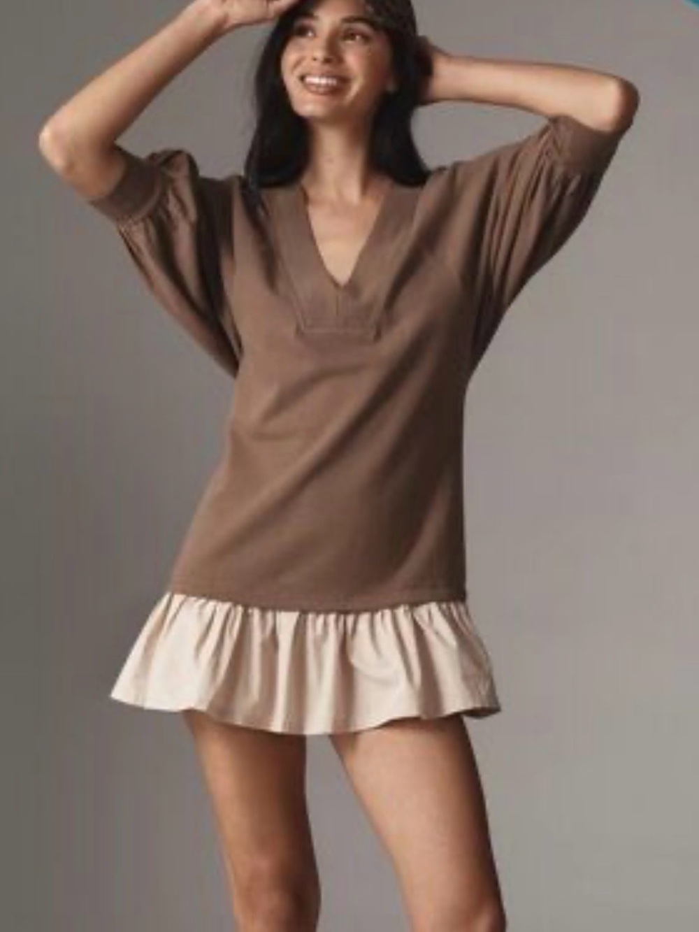 Anthropologie Daily Practice V Neck Puff Balloon Sleeve Drop Waist Ruffle Dress